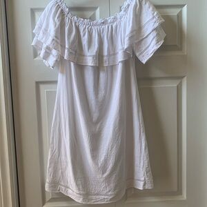 Melanie Lyne white viscose/linen lined ruffle neck lace inset lined dress EUC